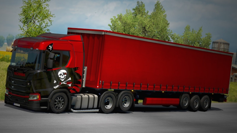 road, euro truck simulator, business, red, 2K, semi-truck, transportation, ETS2, motor vehicle, mode of transportation, commercial land vehicle, tree