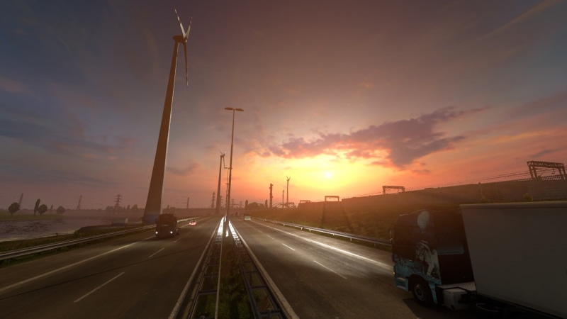 Euro Truck Simulator 2, road, built structure, motion, sunset, 1080P, connection, car, motor vehicle, travel, nature, architecture, mode of transportation