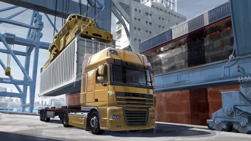 yellow, built structure, trucks, building, freight, SCS Software, industry, transportation, freight transportation, building exterior, truck, semi-truck