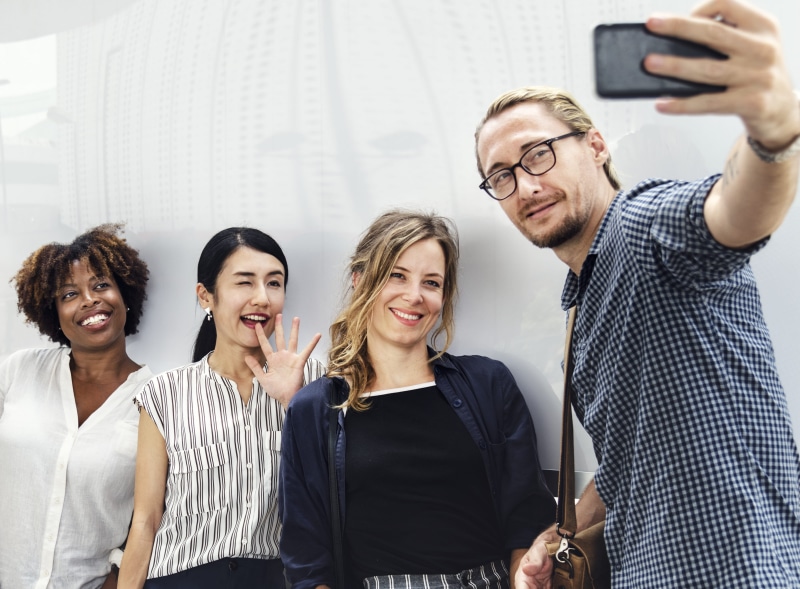 smiling, four, 4K, digital, cellphone, selfie, waist up, cheerful, capturing, technology, camera, waving, facial expression, photography themes, beside