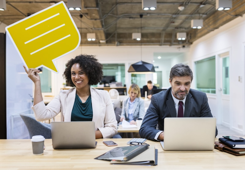 man, workers, table, business, wireless technology, together, coffee, 4K, looking, yellow, adult, speech bubble, mature adult, cheerful, office worker