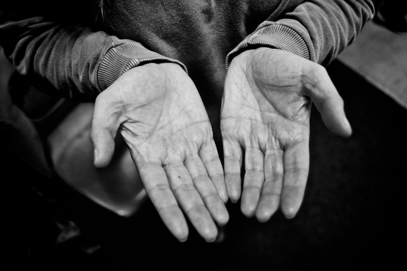 only men, people, body part, wearing, hand, bare, fingers, senior adult, palms, showing, social issues, human hand, 1080P, midsection, black and white