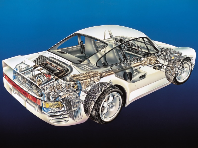 porsche, 959, 1080P, supercar, interior, cutaway, engine, 1987