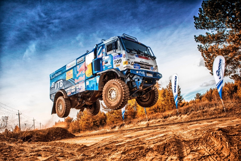Rally, Truck, dutch tilt, jumping, sky, vehicle, 2K, Kamaz, dirt, racing, blue