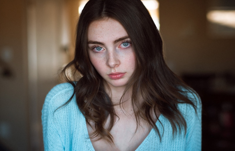 headshot, close-up, brunette, freckles, blue sweater, blue clothes, looking at camera, front view, face, adult, George Dutch, teenager, young women, gray eyes