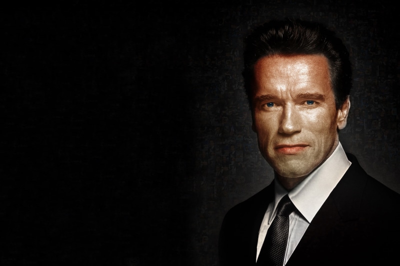 2K, one person, serious, Arnold Schwarzenegger, headshot, front view, formalwear, dark, mature men, menswear, actor, looking at camera, men, businessman