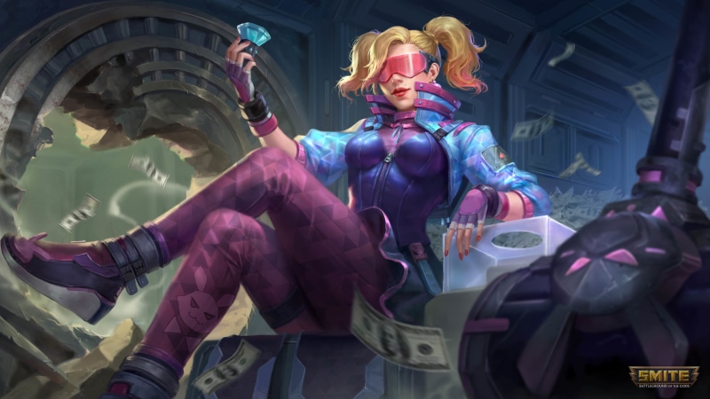 mythology, Heist, fingerless gloves, watermarked, Aphrodite (Smite), hammer, Smite, money, visors, diamonds, 4K, Aphrodite