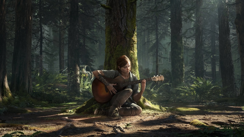 4K, Ellie, guitar, The Last of Us 2, tattoo, video games, The Last of Us, video game characters, trees