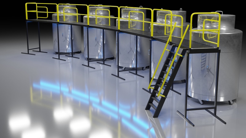 Cryonics, steel, cryogenics, facility, Cryonics Institute, cryostat, Alcor, Nicholas Vandermeulen, Blender, warehouse, platform, suspended animation, scaffolding