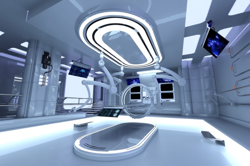 illuminated, hospital, science, operating room, no people, technology, computer, healthcare and medicine, control, seat, indoors, blue, surgery room, white color