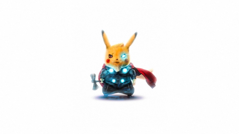 crossover, Thor, Marvel Comics, white background, 1080P, cyan, Pikachu, comics, Marvel Cinematic Universe