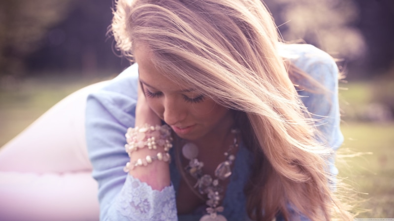 face, portrait, contemplation, focus on foreground, blonde, blond hair, long hair, depression - sadness, looking down, day, women outdoors, women, sadness