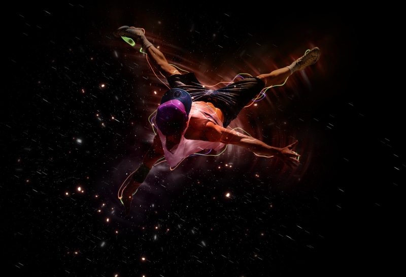 dancer, black background, orange, mid-air, adult, clothing, hairstyle, nature, 4K, full length, elegance, movement, digital, top, man, human limb