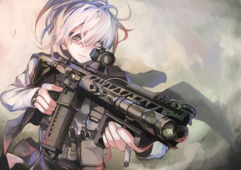 LVOA-C, clothing, anime girls, holding, leisure activity, day, indoors, real people, front view, white hair, lifestyles, AR-15, 720P, gun, protection
