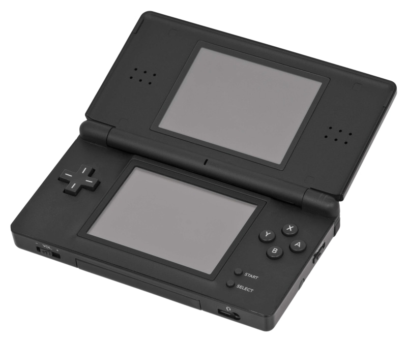 white background, technology, nintendo, screen, computer game, equipment, man made, black, push button, portability, computer, open, device screen, lite