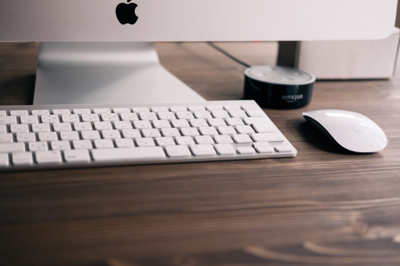 silver, focus, work space, desktop, beside, desk, black, echo, magic, amazon, internet, dot, connection, selective, computer, close-up, device, selective focus