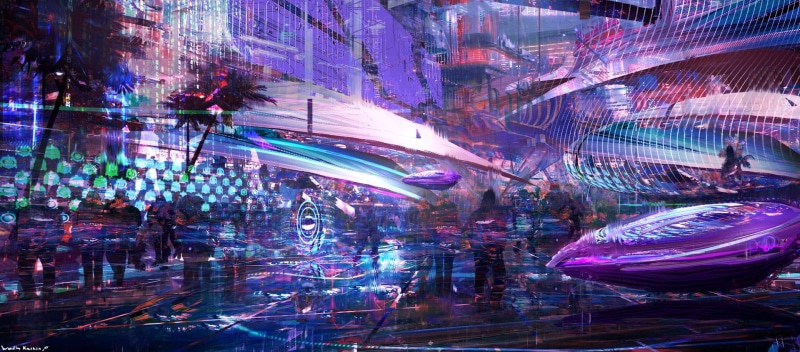 hanging, long exposure, built structure, cyberpunk, painting, lighting equipment, city, decoration, futuristic, light - natural phenomenon, artwork, reflection