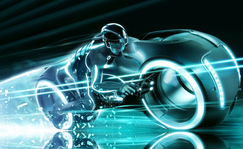 Tron Legacy, indoors, close-up, abstract, garrett hedlund, riding, night, sam flynn, black background, no people, car, metal, Movies, shiny, backgrounds