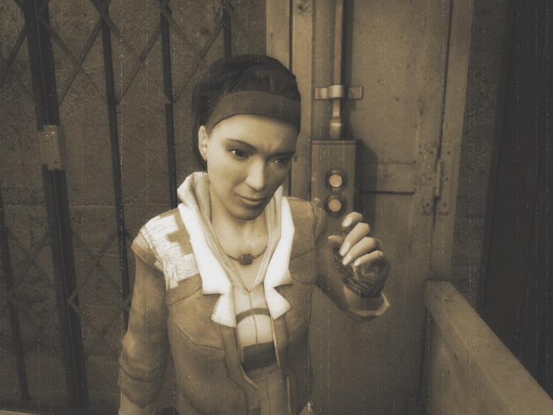 Alyx Vance, casual clothing, headshot, real people, front view, young adult, young women, Half-Life, one person, 720P, holding, prison, architecture, looking at camera