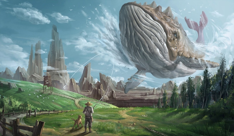 artwork, fantasy art, fishing rod, leviathan, 720P, whale