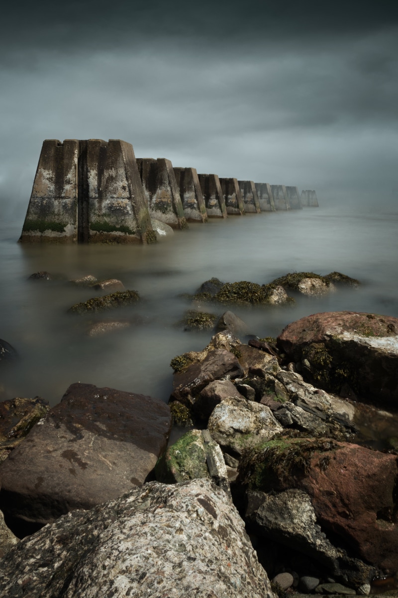 Concrete, rock - Object, sea, 5K, water, formations, rock, Leviathan, harbour, Arbroath, grey, fogs, pillars, nature, landscape, rocks
