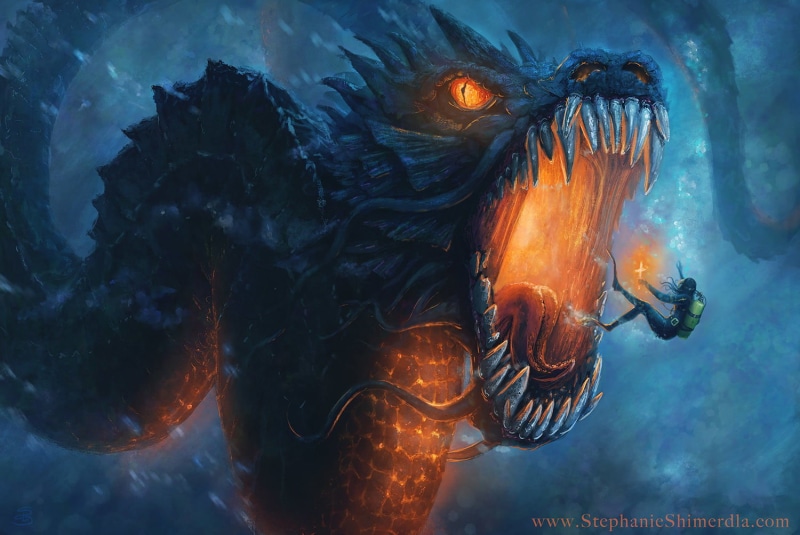 demon, fire, fantasy art, water, dragon, digital art, divers, science fiction, leviathan, giant, creature, 720P
