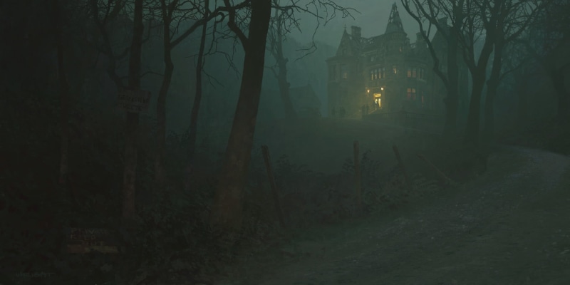 space, mansion, forest, night, stars, church, creature, horror, Cthulu, Richard Wright, 1080P, H. P. Lovecraft