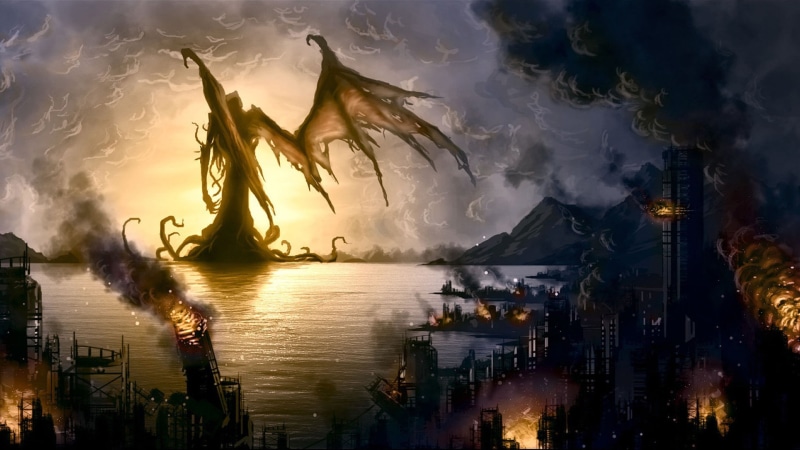 creature, H. P. Lovecraft, wings, fantasy art, Cthulhu, artwork, 1080P, destruction, fire