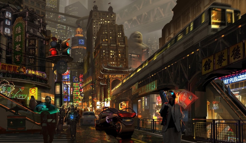 Transport, Sci-Fi, Science Fiction, Subway, by Fu Chenqi, Street, Metro, Skytrain, People, 1080P, China, The city, Style, City, Fu Chenqi, Cyberpunk, Art