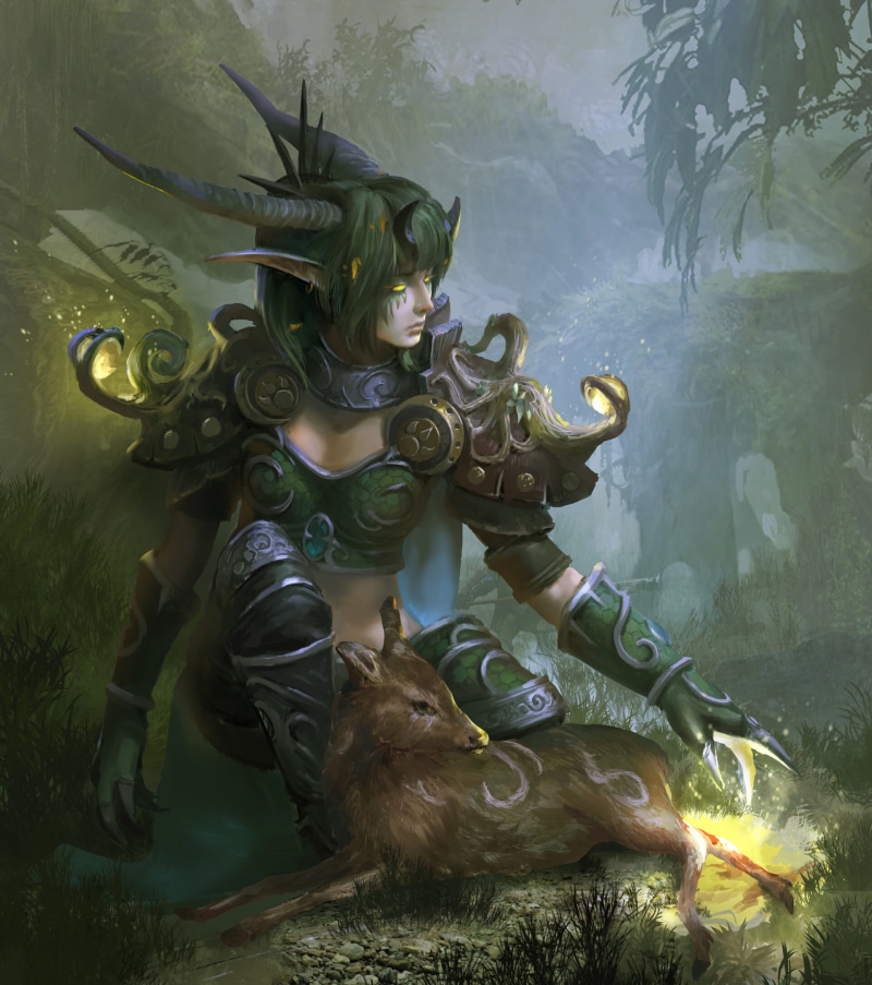 fantasy girl, artwork, 1080P, digital art, fantasy art, drawing, dryads, environment, armor, Fu Chenqi, magic, digital painting, illustration, forest