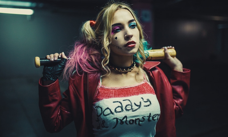 night, cosplay, rock music, front view, hair, standing, women, hairstyle, Harley Quinn, model, young women, one person, dyed hair, fashion, 1080P, looking at camera