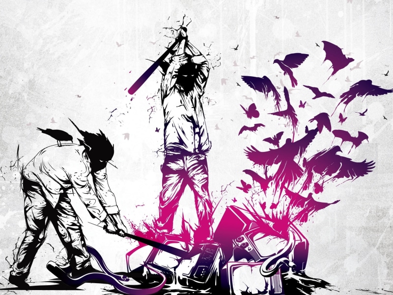 artwork, Three Days Grace, destruction, television sets, 2K, baseball bats, Life Starts Now, music, birds