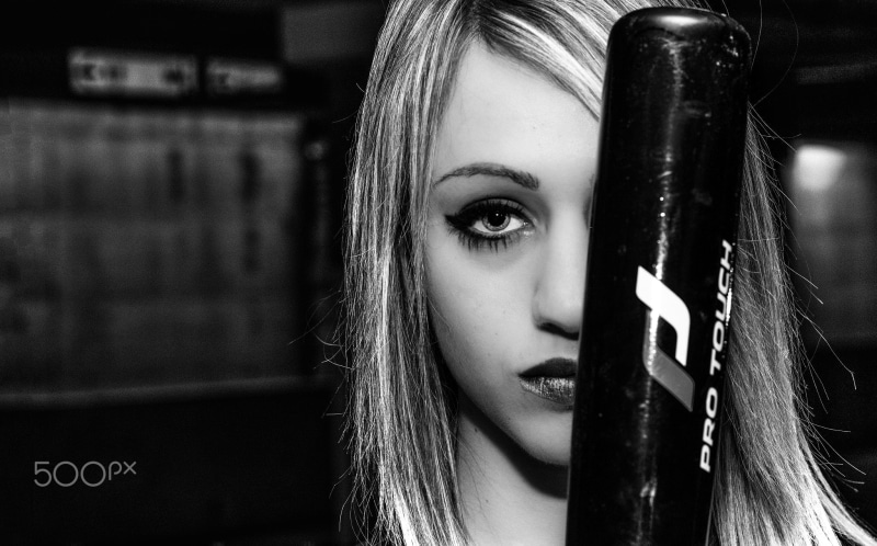 500px, monochrome, face, 1080P, baseball bat, women