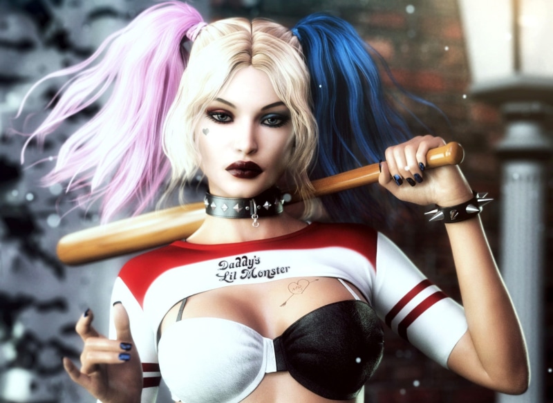 bit, art, Harley Quinn, baseball, look, wooden, rendering, 1080P, brown, bat