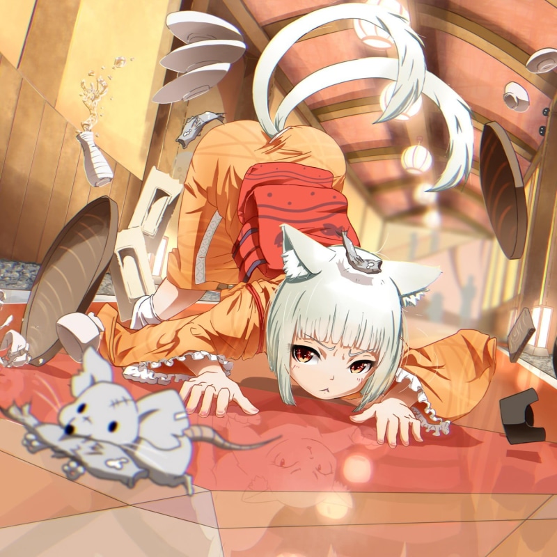 mice, high angle view, mammal, white, representation, anime, cat girl, cat ears, close-up, art and craft, communication, paper, human representation, anime girls