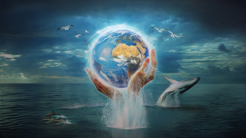Save, motion, 1080P, group of animals, digital composite, nature, animals in the wild, swimming, arms raised, shirtless, young adult, outdoors, one person