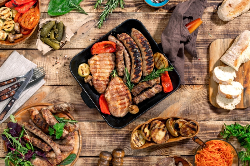 table, food and drink, beef, cutting board, grilled, high angle view, preparation, meat, meat 4k windows hd free download, vegetable, herb, food