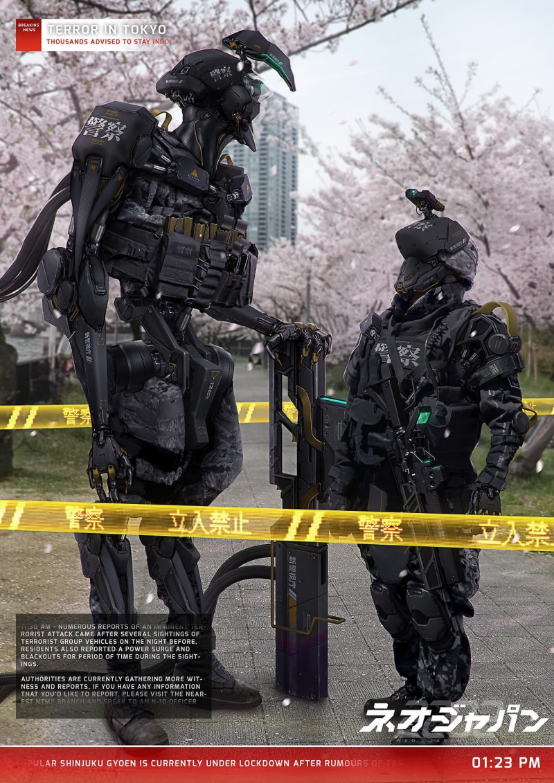 futuristic, Neo Japan 2202, 720P, digital art, trees, Robots, cyberpunk