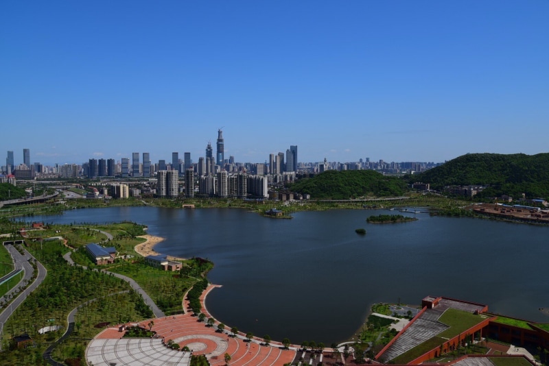 water, clear sky, skyscraper, no people, building, financial district, China, city, sky, built structure, modern, cityscape, outdoors, Changsha, blue, Hunan
