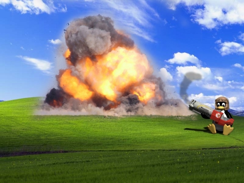 xp, linux, windows, bliss, technology, tux, art, bombs, x, hd, 720P, explosions