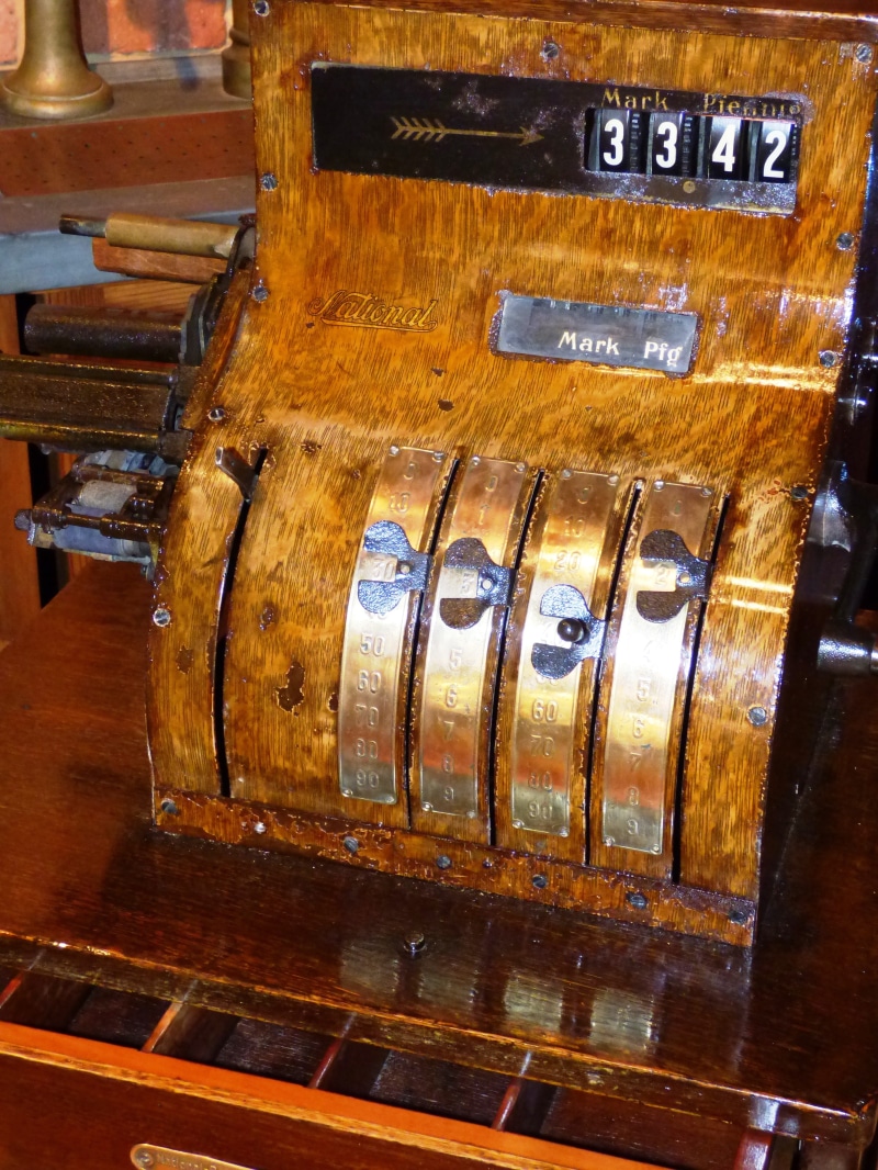the cashier, high angle view, Safe, Ancient, golden, in a row, wood - material, pay, shop, text, finance, coins, taxes, amount, money, western script, 4K
