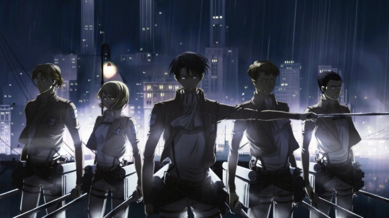 Shingeki no Kyojin, retail display, real people, three quarter length, anime, lifestyles, illuminated, men, five, indoors, architecture, character, window