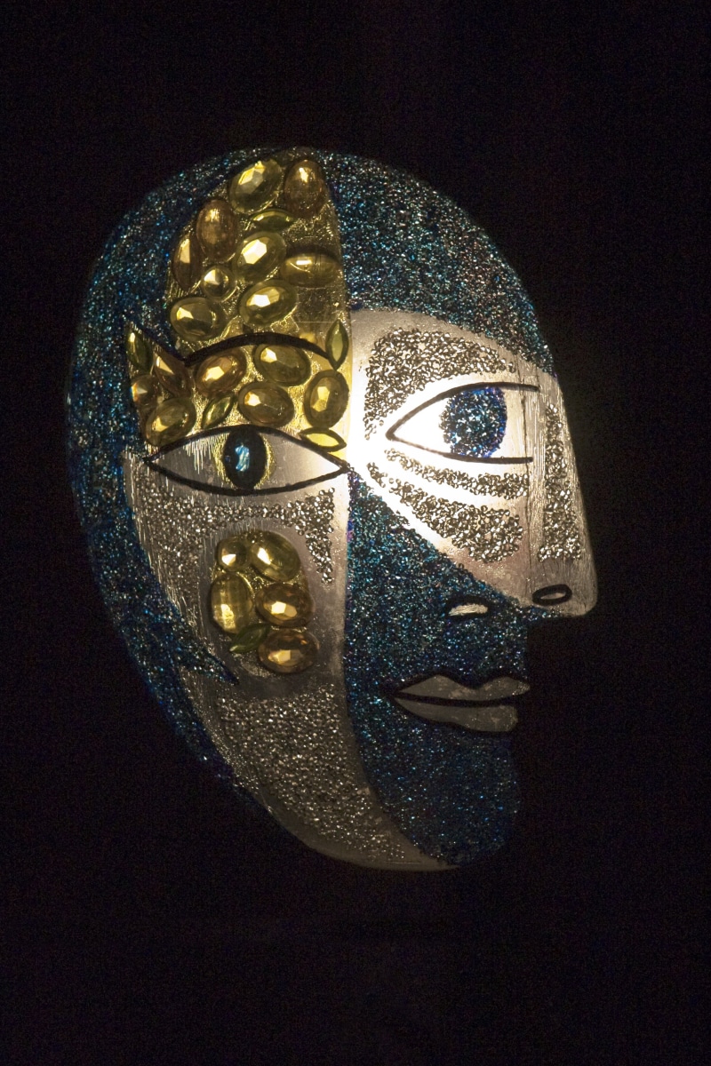 studio shot, swarovski kristallwelten, shiny, cubism mask, 2K, wattens, indoors, mask - disguise, no people, mask, metal, ornate, austria, exhibition