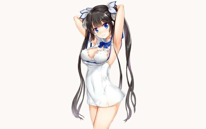 bangs, hairstyle, young adult, human arm, fashion model, hair, looking at camera, three quarter length, white background, beautiful woman, front view, Hestia (DanMachi)