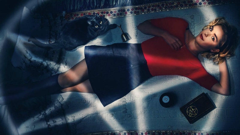 indoors, actress, Sabrina Spellman, Netflix TV Series, wavy hair, Chilling Adventures of Sabrina, red lipstick, blonde, celebrity, hand on chest, TV Series