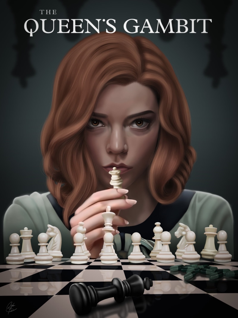 Amber Benner, portrait, chess, portrait display, drawing, closed mouth, TV Series, digital art, artwork, Beth Harmon, fan art, Anya Taylor-Joy, ArtStation