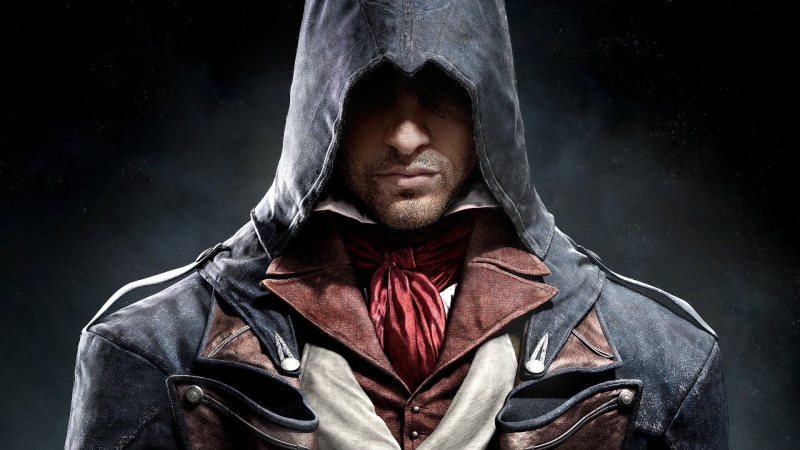 looking, front view, dark, 1080P, human Face, headshot, hood, males, fashion, people, adult, one Person, creed, s, studio shot, human body part, Assassins Creed:  Unity