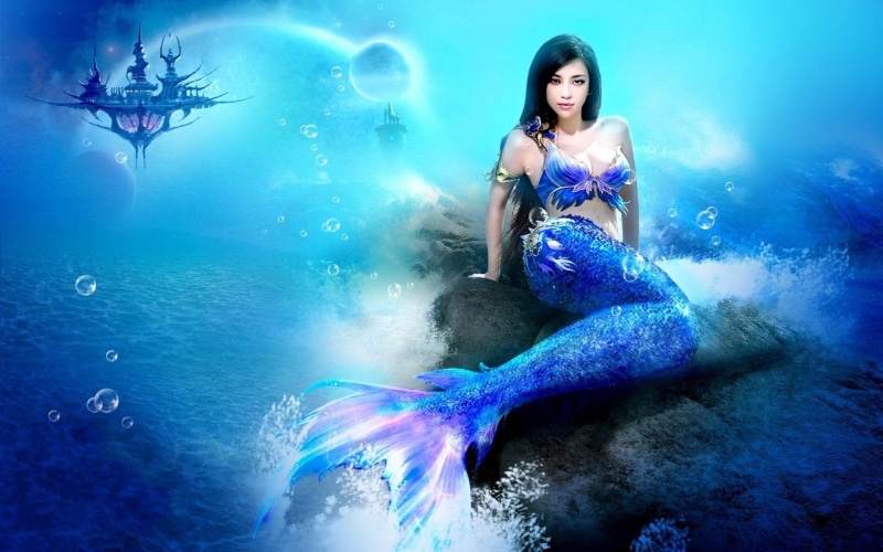 beautiful, serene, sweet, water, figure, woman, blue, 1080P, mermaid, artistic, nice, fine