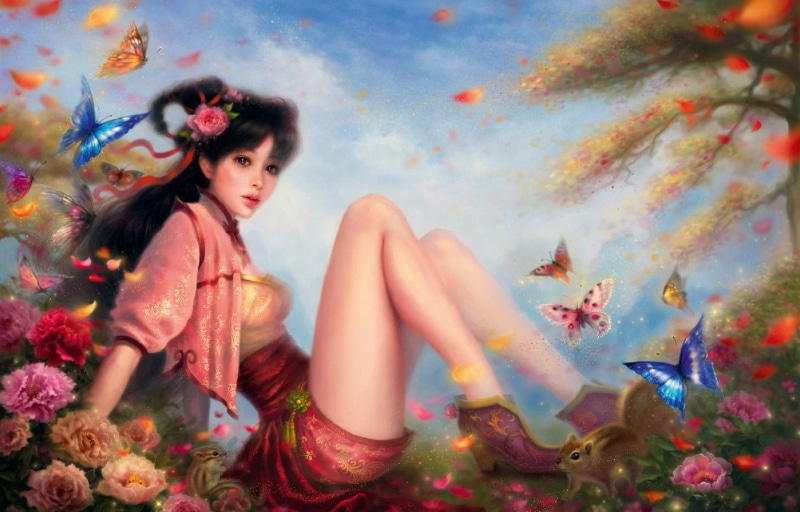 ruoxing, fine, fantasy, colorful, art, 720P, nice, ruoxing-zhang, skirt, butterfl, flowers, girl, digital, illustration, beautiful, red, zhang, woman
