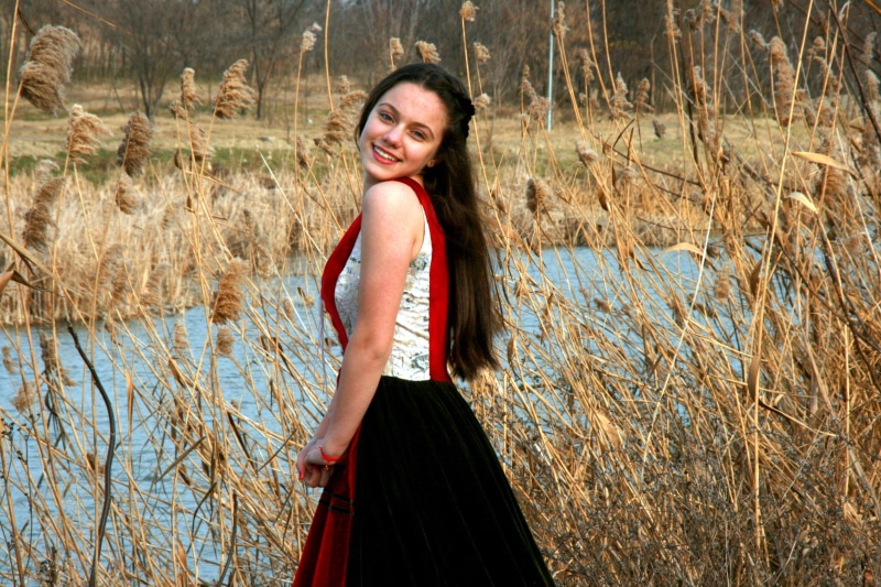 woman, Lake, young women, beautiful woman, clothing, fashion, princess, plant, hairstyle, adult, river, Reed, Story, near, standing, lifestyles, smiling